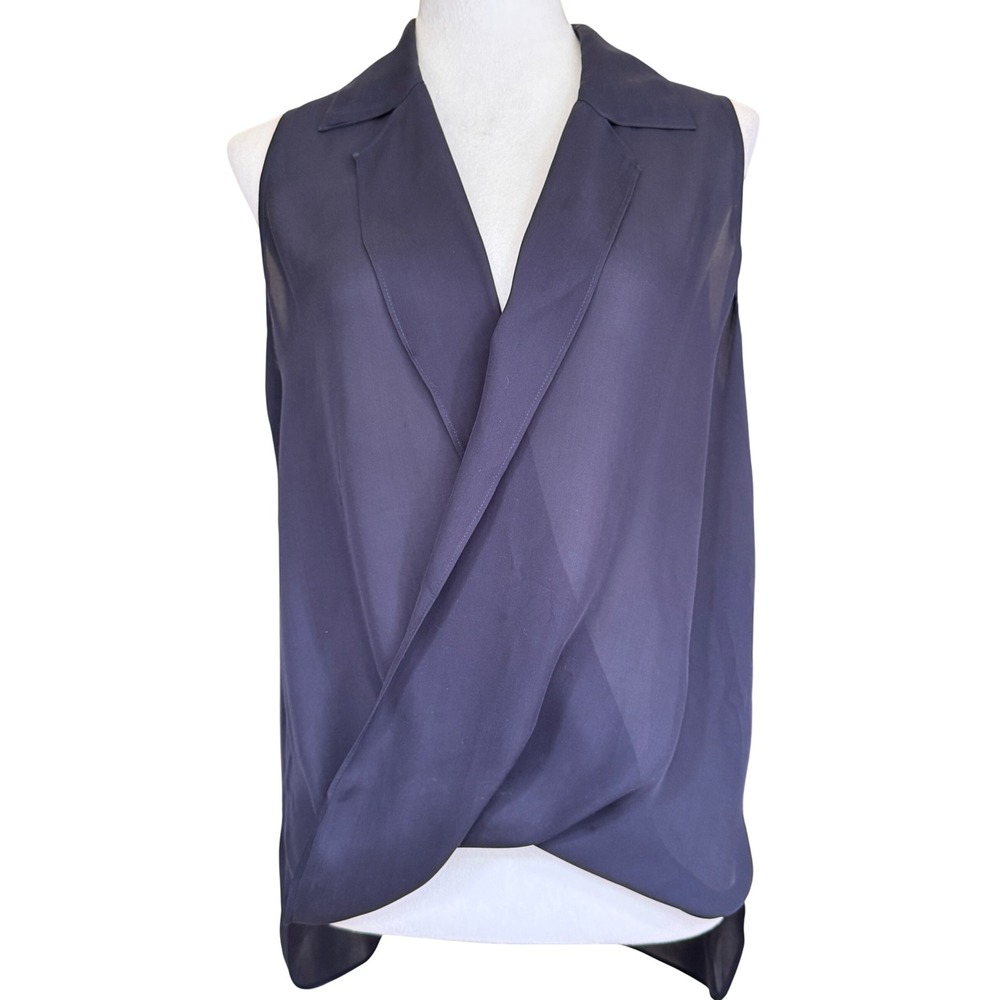 L'Agence Freja Draped Silk Wrap Blouse Womens M Navy Collared Surplice VNeck